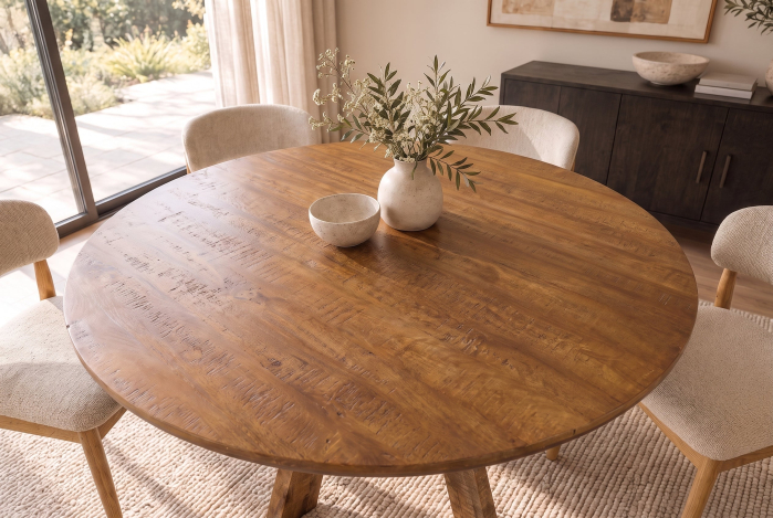 Masă de dining ART WOOD Ø 140 cm, rotundă, din lemn de mango, finisaj maro miere [7]