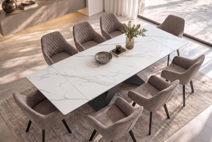 Masă de dining DIAMOND 180-260 cm, extensibilă, cu blat din ceramică alb mat cu aspect de marmură și picior negru geometric [4]