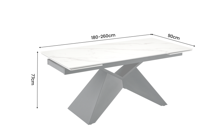 Masă de dining DIAMOND 180-260 cm, extensibilă, cu blat din ceramică alb mat cu aspect de marmură și picior negru geometric [7]
