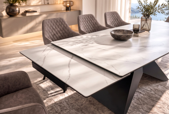 Masă de dining DIAMOND 180-260 cm, extensibilă, cu blat din ceramică alb mat cu aspect de marmură și picior negru geometric [6]