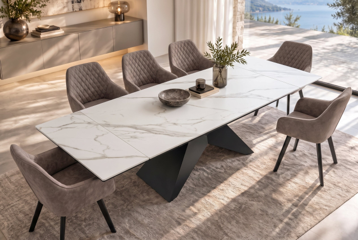 Masă de dining DIAMOND 180-260 cm, extensibilă, cu blat din ceramică alb mat cu aspect de marmură și picior negru geometric [2]