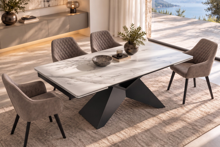 Masă de dining DIAMOND 180-260 cm, extensibilă, cu blat din ceramică alb mat cu aspect de marmură și picior negru geometric [3]