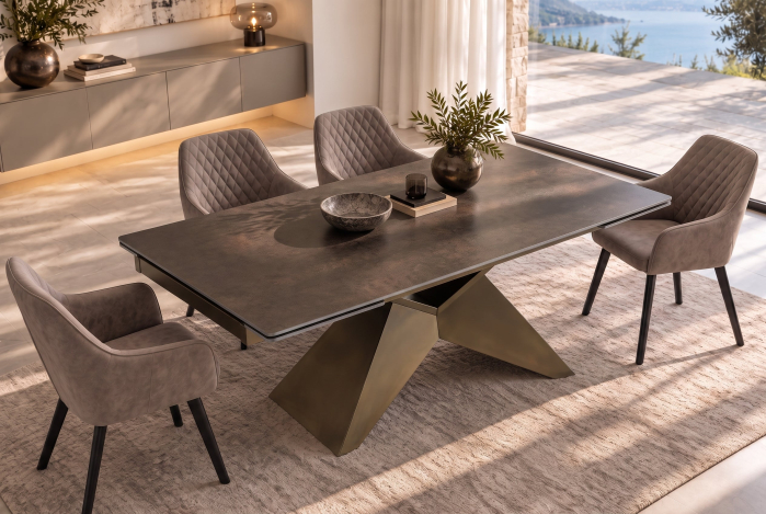 Masă de dining DIAMOND 180-260 cm, extensibilă, cu blat din ceramică cu aspect ruginit și picior din fier cu finisaj geometric bronz [3]