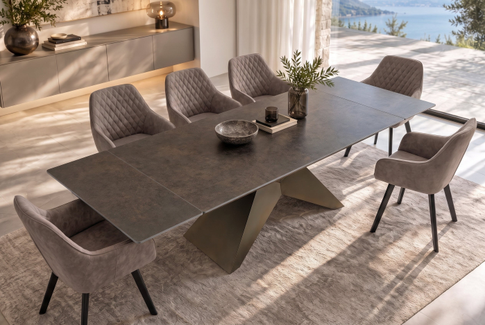 Masă de dining DIAMOND 180-260 cm, extensibilă, cu blat din ceramică cu aspect ruginit și picior din fier cu finisaj geometric bronz [2]