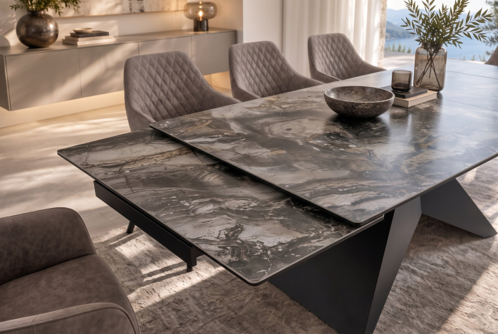 Masă de dining DIAMOND 180-260 cm extensibilă, din ceramică de culoare gri-maro, cu picior din fier negru cu motive geometrice [6]