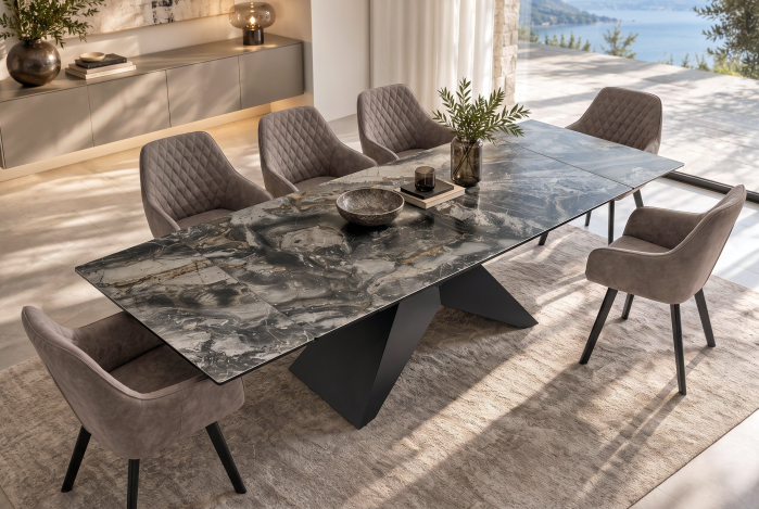 Masă de dining DIAMOND 180-260 cm extensibilă, din ceramică de culoare gri-maro, cu picior din fier negru cu motive geometrice [2]