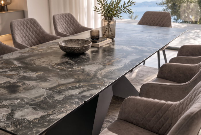 Masă de dining DIAMOND 180-260 cm extensibilă, din ceramică de culoare gri-maro, cu picior din fier negru cu motive geometrice [5]