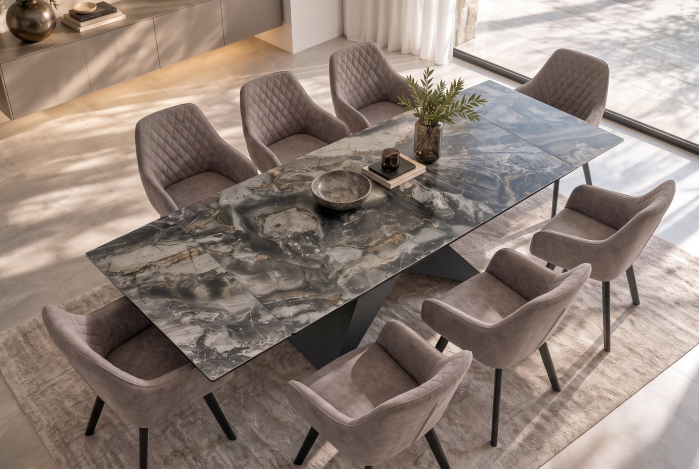 Masă de dining DIAMOND 180-260 cm extensibilă, din ceramică de culoare gri-maro, cu picior din fier negru cu motive geometrice [4]
