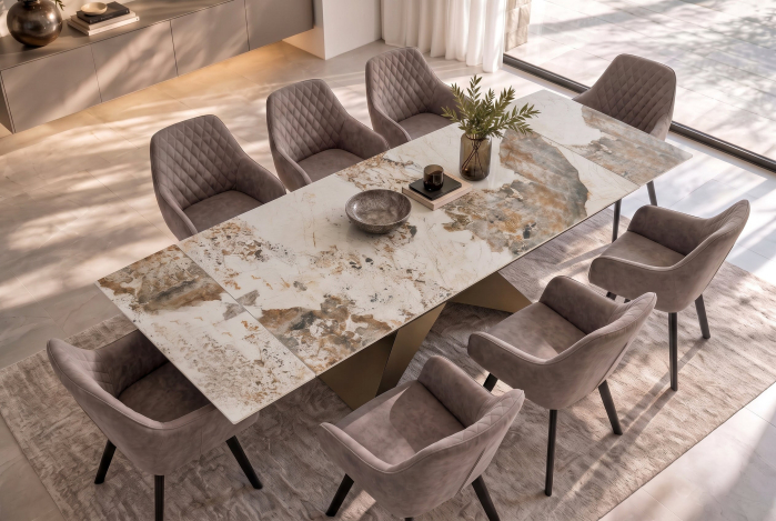 Masă de dining DIAMOND 180-260 cm extensibilă, din ceramică Pandora alb-maro, cu picior din fier bronzat cu motive geometrice [4]