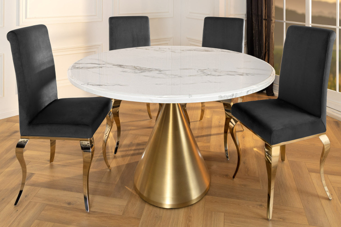 Masă de dining ELEGANCIA 130cm cadru rotund aspect marmură albă aurie [2]
