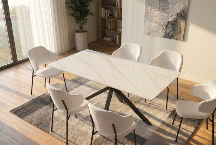 Masă de dining GALAXIE 160 cm cu cadru în formă de stea, alb ceramic [2]