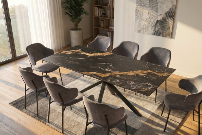 Masă de dining GALAXIE 180 cm cu cadru în formă de stea, aurora oro, ceramică neagră și nisip auriu [2]