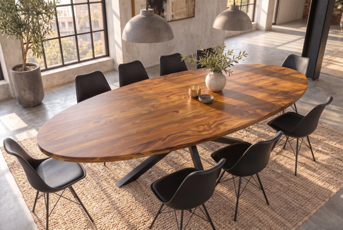 Masă de dining GALAXIE 240 cm, ovală, din lemn de sheesham, finisaj maro piatră, cu cadru negru în formă de stea [3]