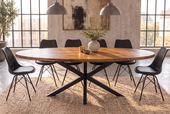 Masă de dining GALAXIE 240 cm, ovală, din lemn de sheesham, finisaj maro piatră, cu cadru negru în formă de stea [4]