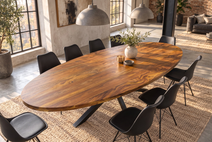 Masă de dining GALAXIE 240 cm, ovală, din lemn de sheesham, finisaj maro piatră, cu cadru negru în formă de stea [2]