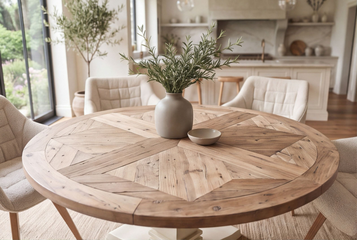Masă de dining HAMPTONS rotundă de 120 cm din lemn de pin reciclat, maro deschis, cu cadru crem [5]