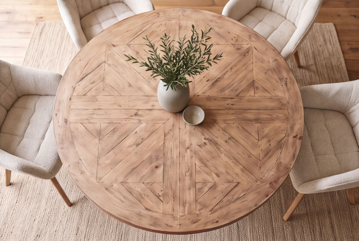 Masă de dining HAMPTONS rotundă de 140 cm din lemn de pin reciclat, maro deschis, cu cadru de culoare crem [6]