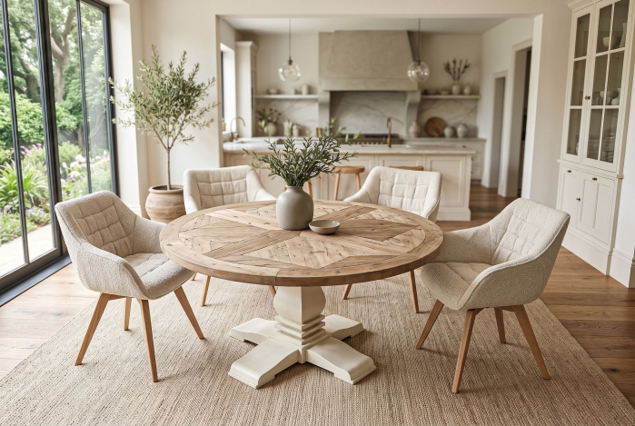 Masă de dining HAMPTONS rotundă de 140 cm din lemn de pin reciclat, maro deschis, cu cadru de culoare crem [2]