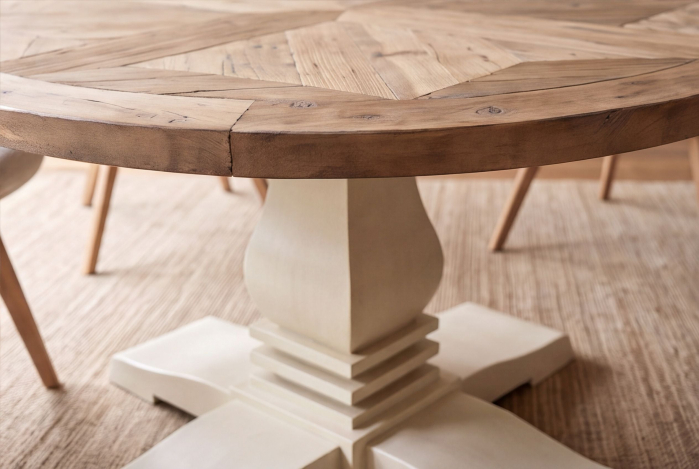 Masă de dining HAMPTONS rotundă de 140 cm din lemn de pin reciclat, maro deschis, cu cadru de culoare crem [8]
