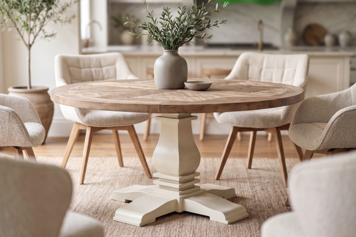 Masă de dining HAMPTONS rotundă de 140 cm din lemn de pin reciclat, maro deschis, cu cadru de culoare crem [4]