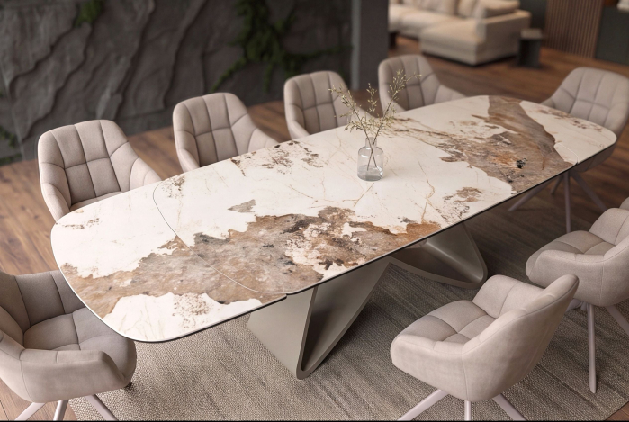 Masă de dining INFINITY 180-220-260 cm, extensibilă, în formă de barcă, din ceramică Pandora, alb-maro [9]
