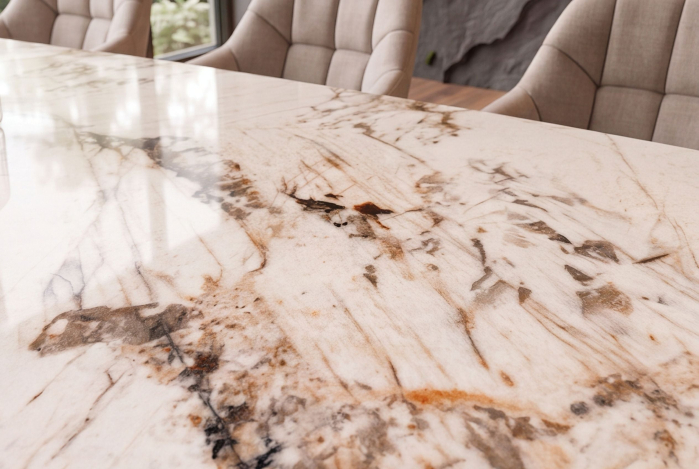 Masă de dining INFINITY 180-220-260 cm, extensibilă, în formă de barcă, din ceramică Pandora, alb-maro [11]