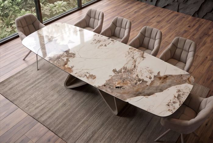 Masă de dining INFINITY 180-220-260 cm, extensibilă, în formă de barcă, din ceramică Pandora, alb-maro [8]
