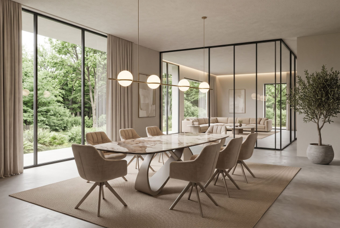 Masă de dining INFINITY 180-220-260 cm, extensibilă, în formă de barcă, din ceramică Pandora, alb-maro [5]