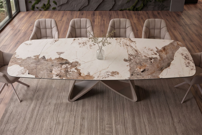 Masă de dining INFINITY 180-220-260 cm, extensibilă, în formă de barcă, din ceramică Pandora, alb-maro [7]