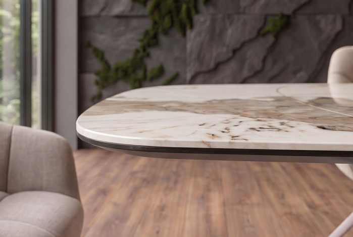 Masă de dining INFINITY 180-220-260 cm, extensibilă, în formă de barcă, din ceramică Pandora, alb-maro [10]