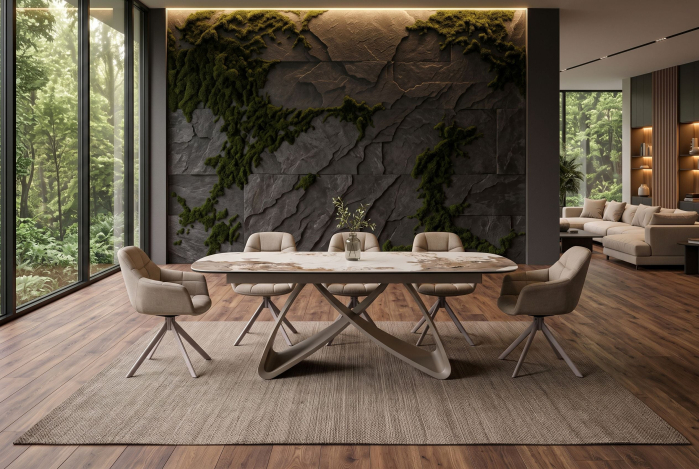 Masă de dining INFINITY 180-220-260 cm, extensibilă, în formă de barcă, din ceramică Pandora, alb-maro [4]