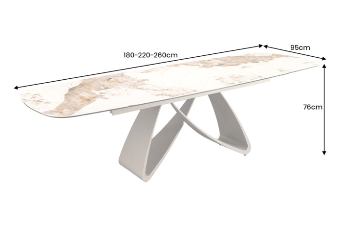 Masă de dining INFINITY 180-220-260 cm, extensibilă, în formă de barcă, din ceramică Pandora, alb-maro [14]