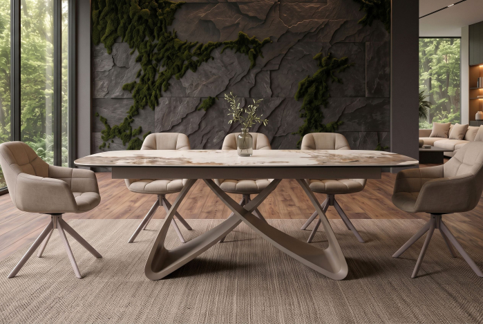 Masă de dining INFINITY 180-220-260 cm, extensibilă, în formă de barcă, din ceramică Pandora, alb-maro [6]