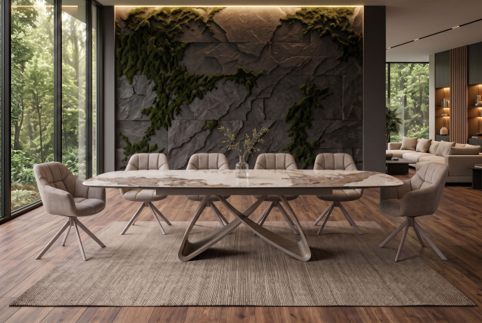 Masă de dining INFINITY 180-220-260 cm, extensibilă, în formă de barcă, din ceramică Pandora, alb-maro [3]