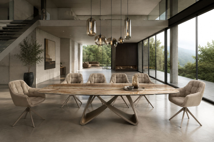 Masă de dining INFINITY 180-220-260 cm, extensibilă, în formă de barcă, din ceramică spaniolă de onix, maro ruginiu [5]