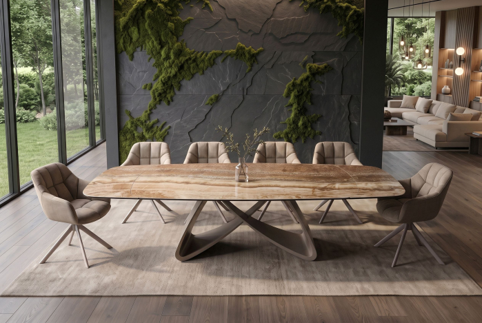Masă de dining INFINITY 180-220-260 cm, extensibilă, în formă de barcă, din ceramică spaniolă de onix, maro ruginiu [2]