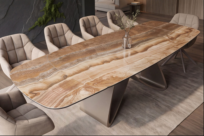 Masă de dining INFINITY 180-220-260 cm, extensibilă, în formă de barcă, din ceramică spaniolă de onix, maro ruginiu [7]