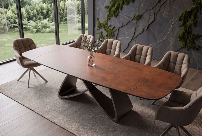 Masă de dining INFINITY 180-220-260 cm, extensibilă, în formă de barcă, din ceramică spaniolă, maro ruginiu [8]