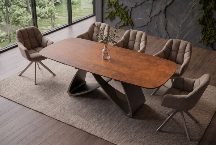 Masă de dining INFINITY 180-220-260 cm, extensibilă, în formă de barcă, din ceramică spaniolă, maro ruginiu [7]