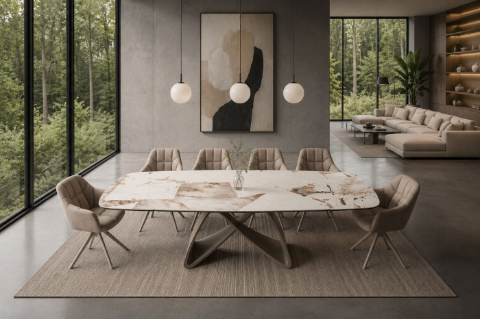 Masă de dining INFINITY 180-220-260 cm, extensibilă, în formă de barcă, italiană, din ceramică Patagonia, alb-maro [4]