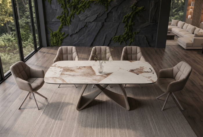 Masă de dining INFINITY 180-220-260 cm, extensibilă, în formă de barcă, italiană, din ceramică Patagonia, alb-maro [3]