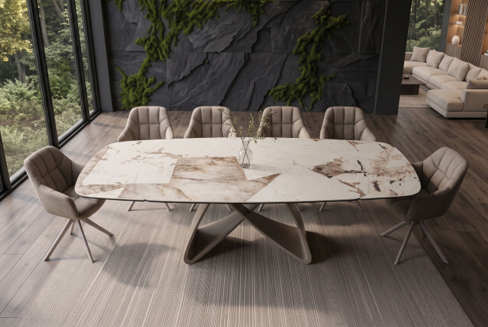 Masă de dining INFINITY 180-220-260 cm, extensibilă, în formă de barcă, italiană, din ceramică Patagonia, alb-maro [2]