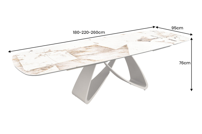 Masă de dining INFINITY 180-220-260 cm, extensibilă, în formă de barcă, italiană, din ceramică Patagonia, alb-maro [11]