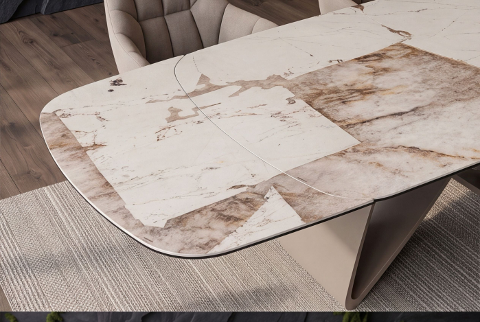Masă de dining INFINITY 180-220-260 cm, extensibilă, în formă de barcă, italiană, din ceramică Patagonia, alb-maro [9]
