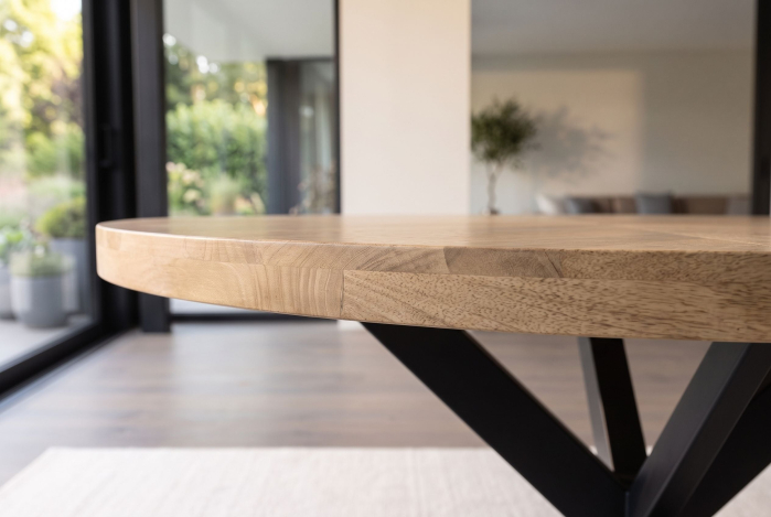 Masă de dining INFINITY HOME rotundă de 120 cm cu cadru în formă de stea, din lemn de mango, culoare crem natural [5]