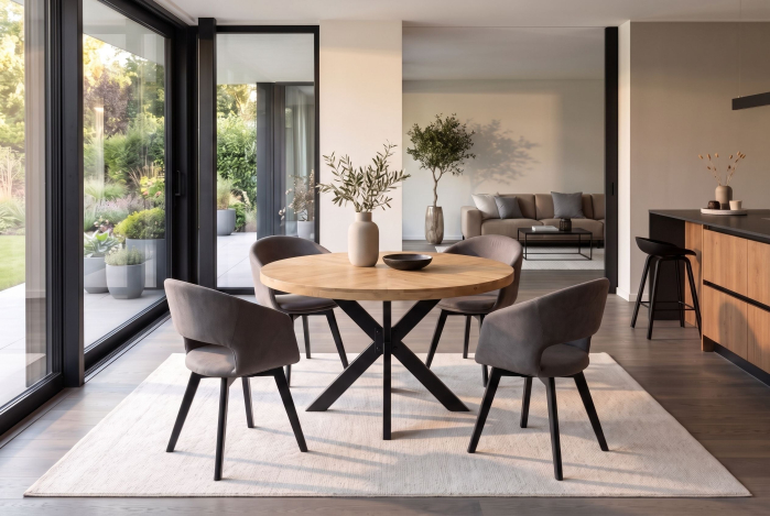 Masă de dining INFINITY HOME rotundă de 120 cm cu cadru în formă de stea, din lemn de mango, culoare crem natural [2]