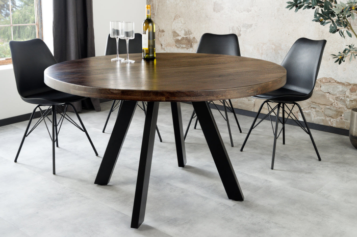 Masă de dining IRON CRAFT Ø 120cm rotundă din lemn de mango, culoare taupe, maro, cu picioare negre [3]