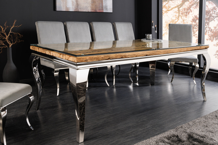 Masă de dining MODERN BAROCK BARRACUDA 200cm cromată cu blat din sticlă securizata si lemn masiv de tec [4]