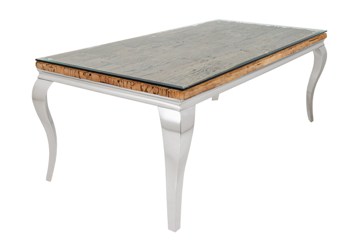 Masă de dining MODERN BAROCK BARRACUDA 200cm cromată cu blat din sticlă securizata si lemn masiv de tec [3]