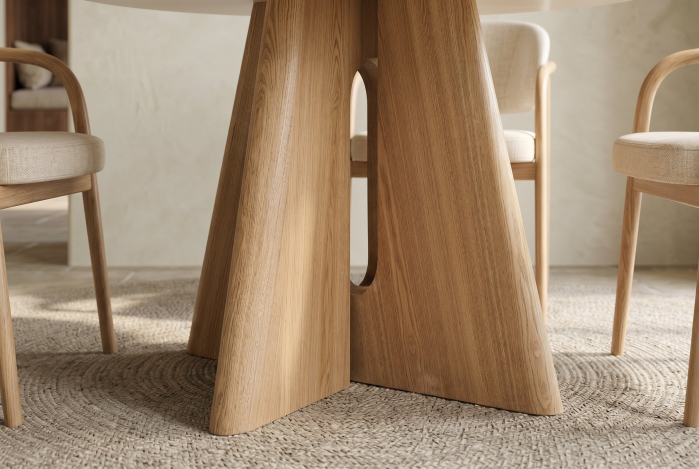 Masă de dining ORGANIKO rotundă de 120 cm, placată cu lemn de stejar, cu blat din ceramică cu aspect de travertin [5]